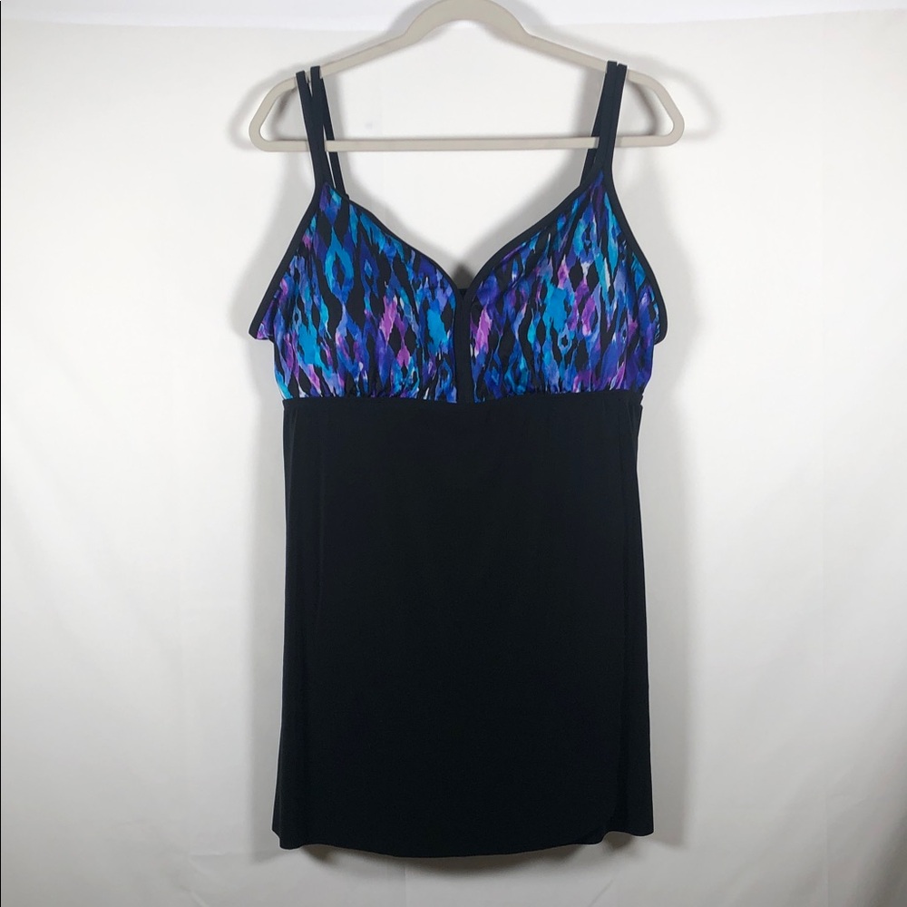 Great Lengths Black Swimdress with Blue &‎ Purple Printed Bust